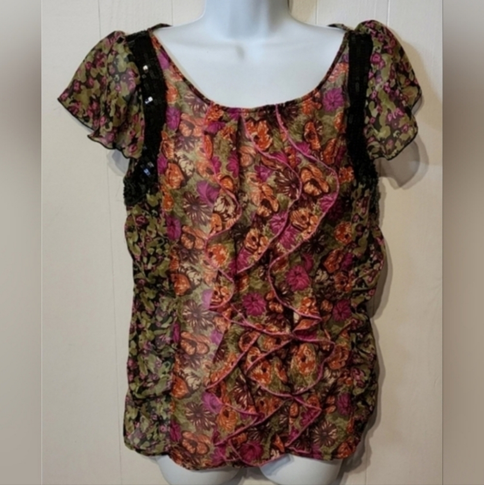 Charlotte Russe Blouse Medium Sheer Floral Multicolor Sequins Cap Sleeve B663